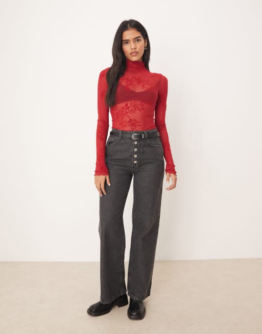 Free People Filigree high neck long sleeve mesh top in deep cherry, 4 of 4