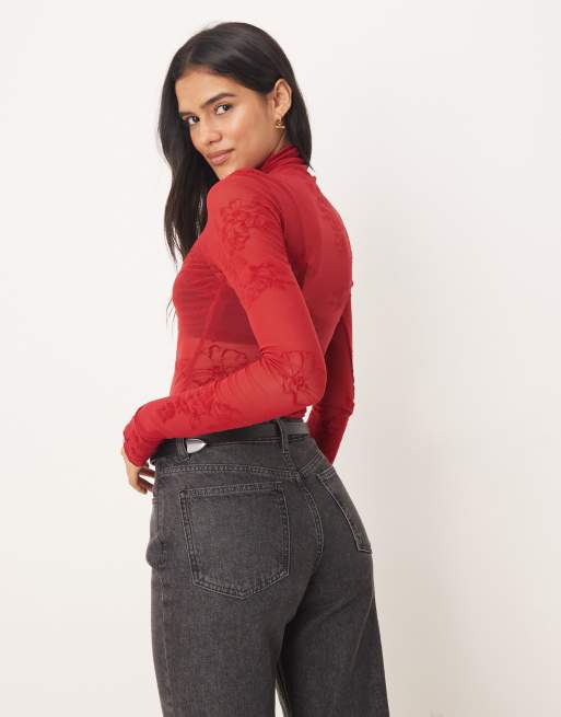 Free People filigree high neck long sleeve mesh top in deep cherry, 3 of 4