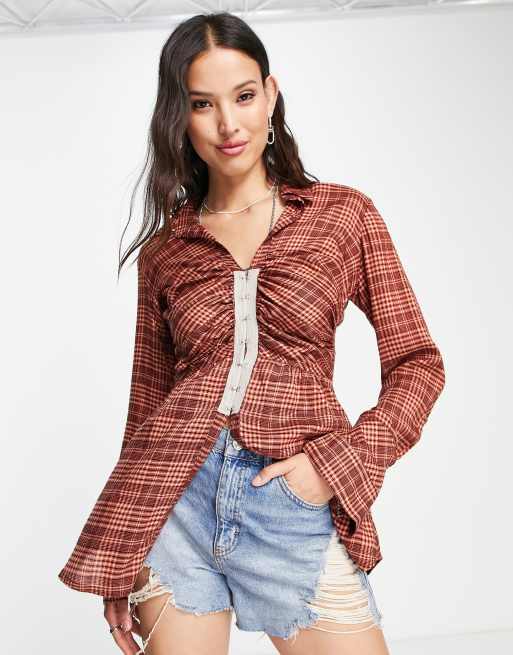 Free People fitted shirt in red check print