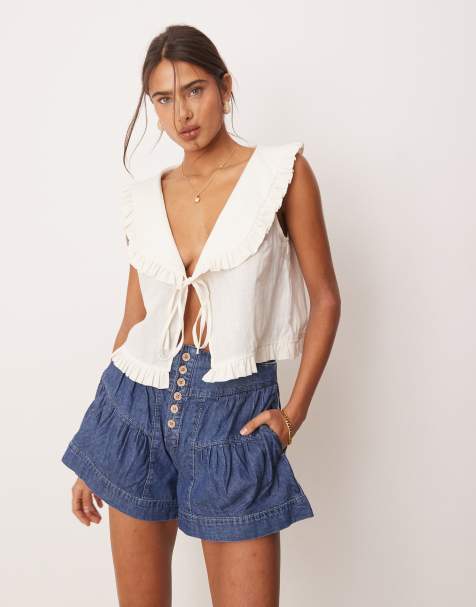 Free People Fleur tiered high waist denim shorts in true blue - view 1