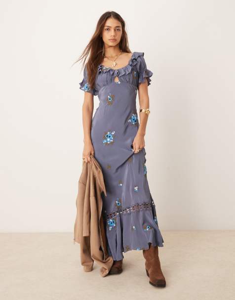 Free People floral embroidered puff sleeve maxi dress in indigo