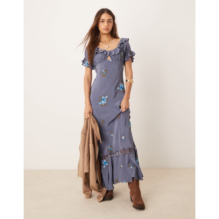 Free People floral embroidered puff sleeve maxi dress in indigo | ASOS