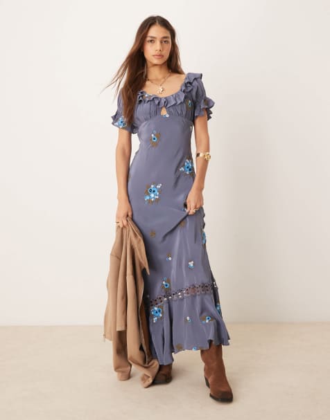 Free People floral embroidered puff sleeve maxi dress in indigo