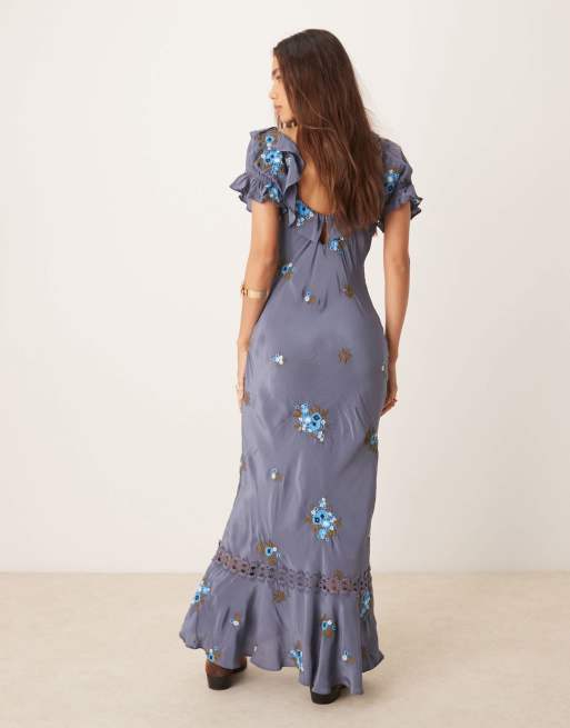 Free People floral embroidered puff sleeve maxi dress in indigo