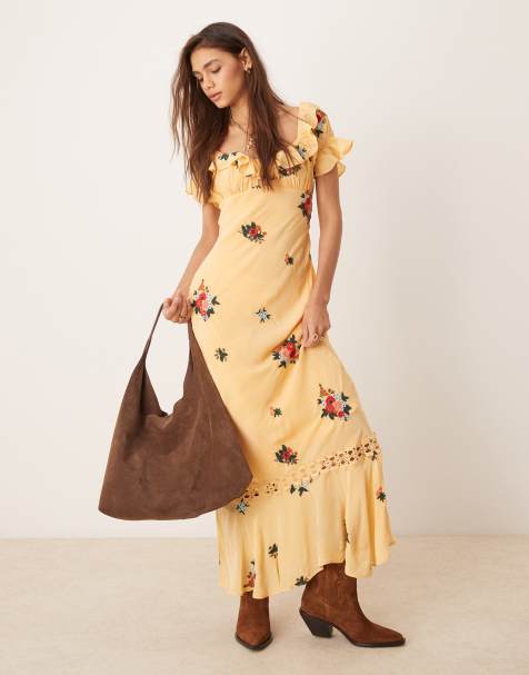 Free People floral embroidered puff sleeve maxi dress in yellow