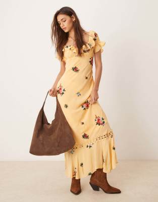Free People floral embroidered puff sleeve maxi dress in yellow | ASOS