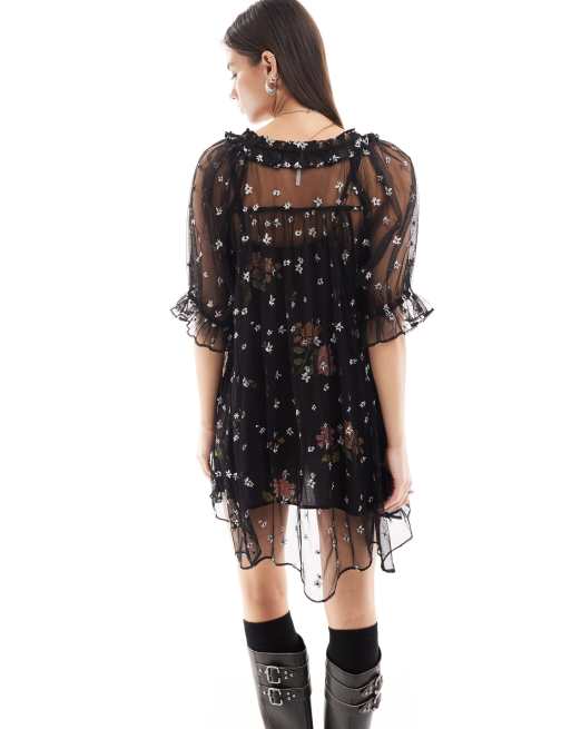 Free People floral mesh overlay skater dress in black