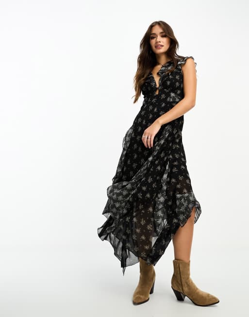 Free People floral print asymmetric boho midaxi dress in black | ASOS