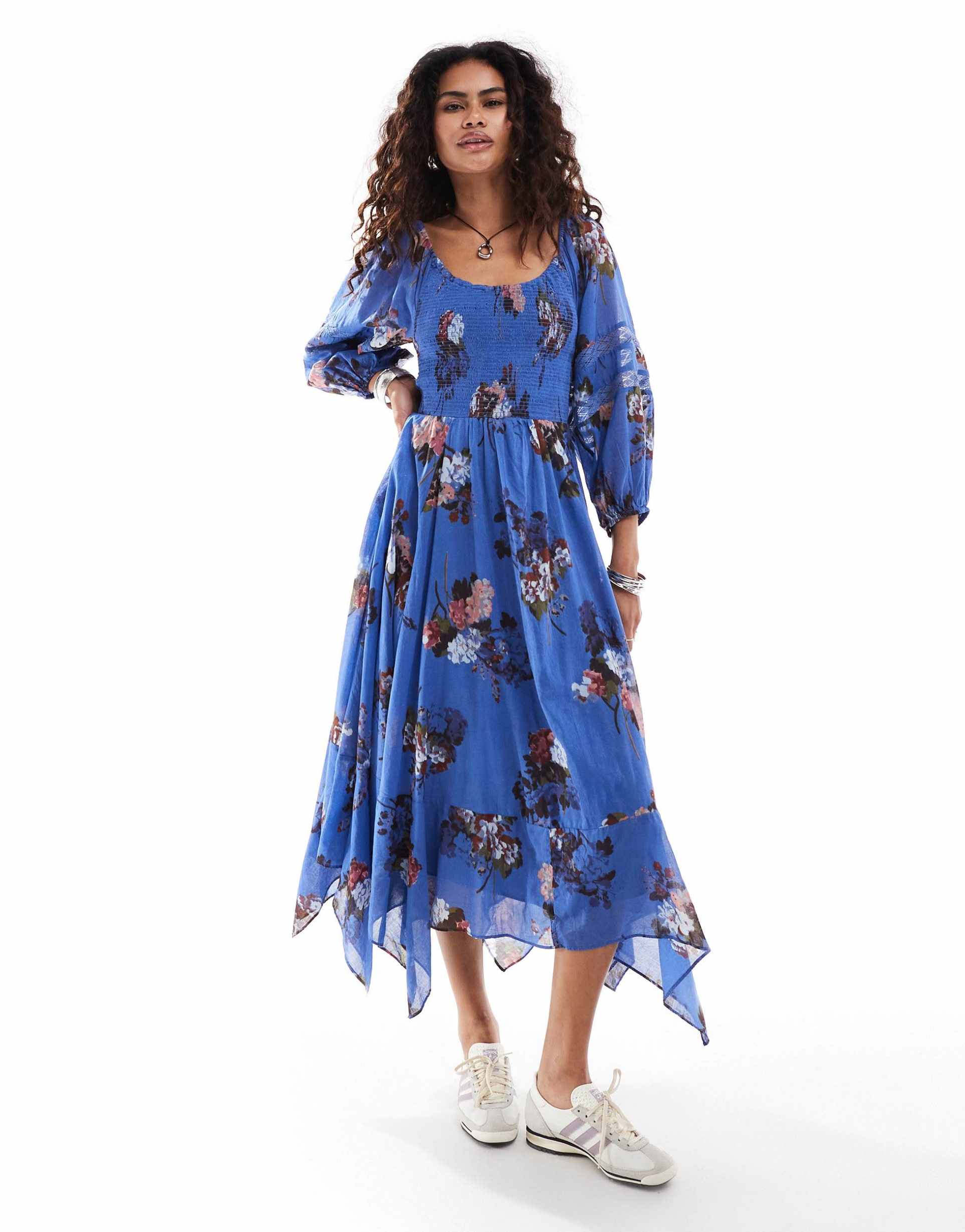 free people floral print asymmetric hem boho midi dress in blue