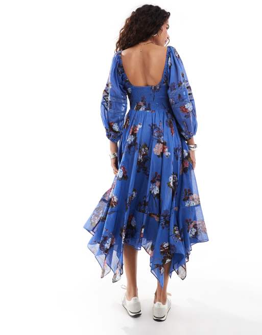 Free People floral print asymmetric hem boho midi dress in blue, 3 of 4