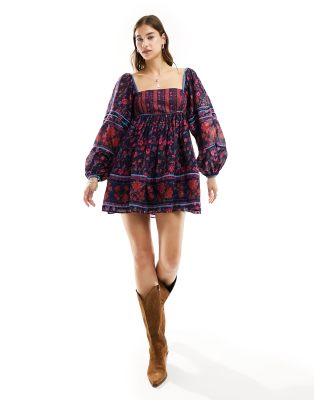 Free People Endless Afternoon Print Long Sleeve Minidress In Black