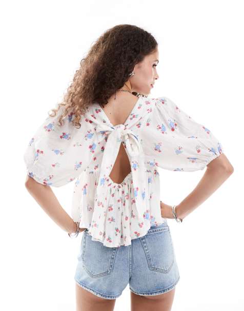 Free People floral print blouse with puff sleeve in ivory - view 1