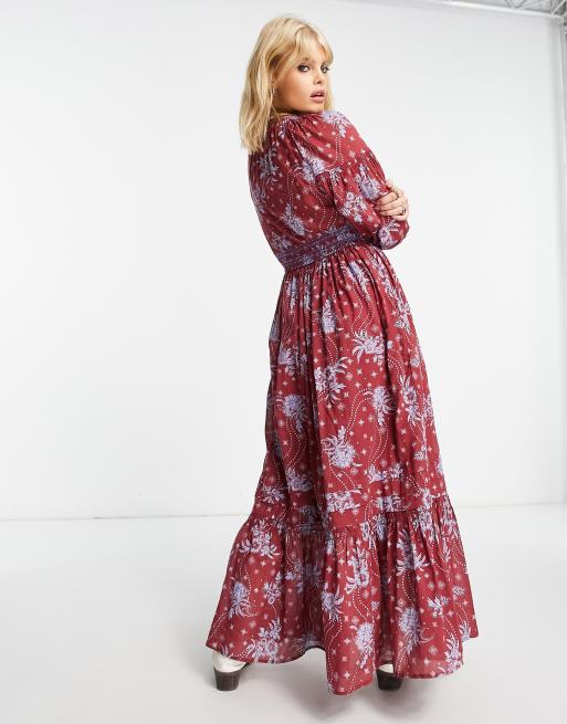 Free People floral print boho maxi dress in wine | ASOS