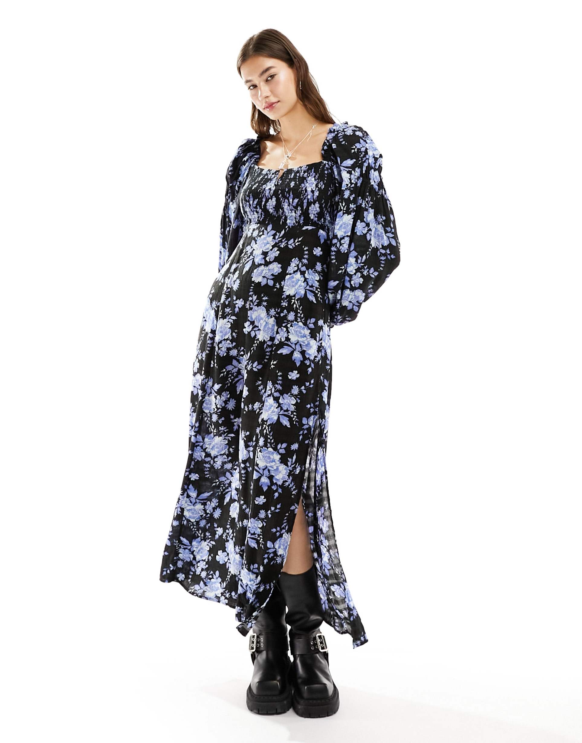 free people floral print midaxi smock dress in black