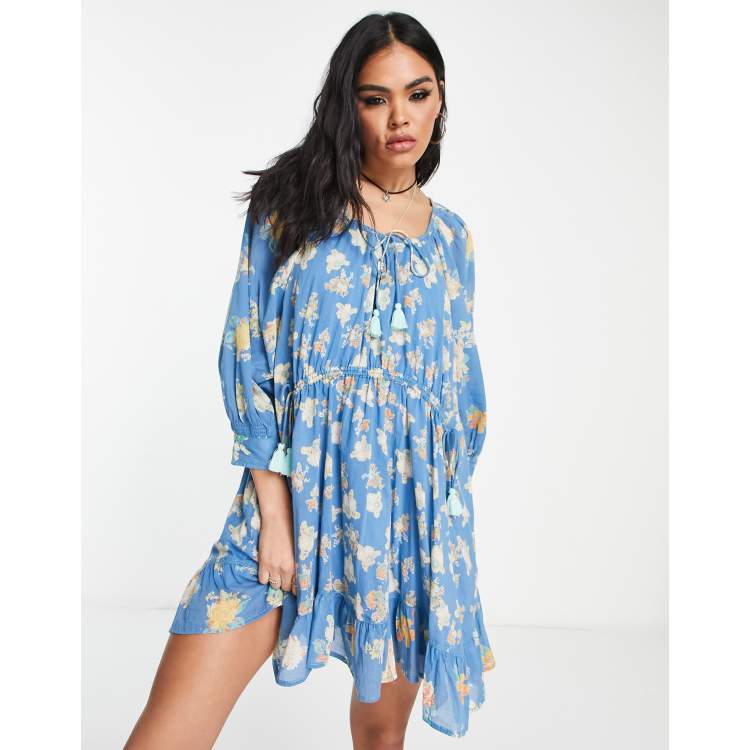 Free People floral print mini smock dress in river blue