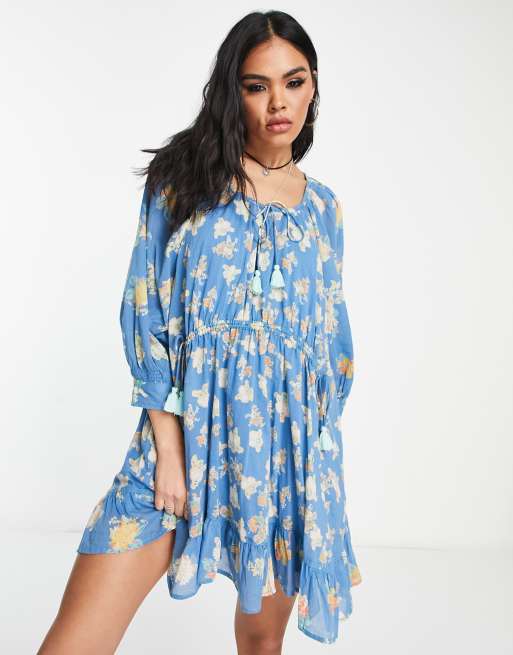 Free People floral print mini smock dress in river blue | ASOS