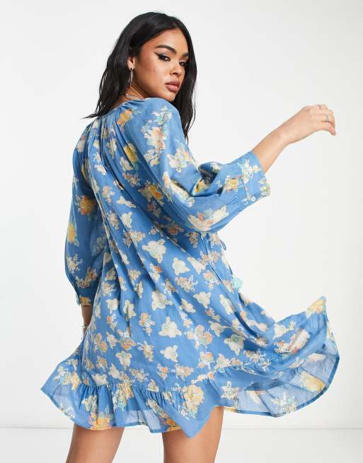 Printed Smock Dress Blue