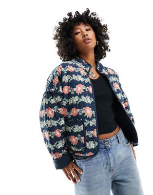 Free People floral print quilted jacket in navy