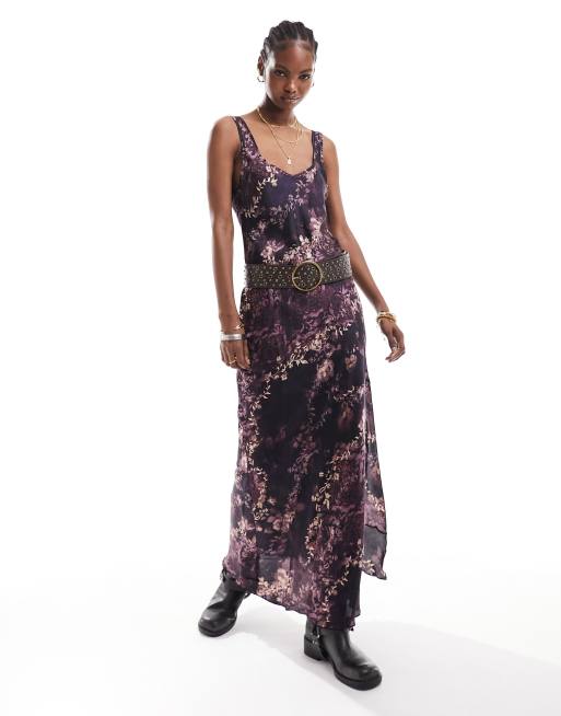 Free People floral print satin cami midaxi dress in deep purple