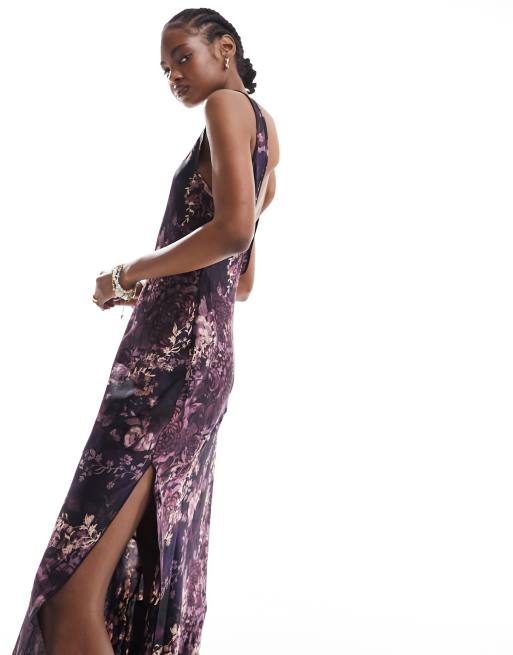 Free People floral print satin cami midaxi dress in deep purple