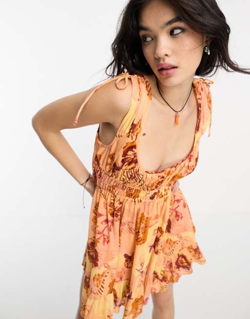 Free People floral print smocked bodice mini dress in orange