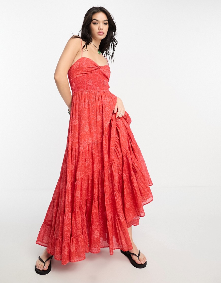 Free People floral print strap detail tiered maxi dress in pink and red