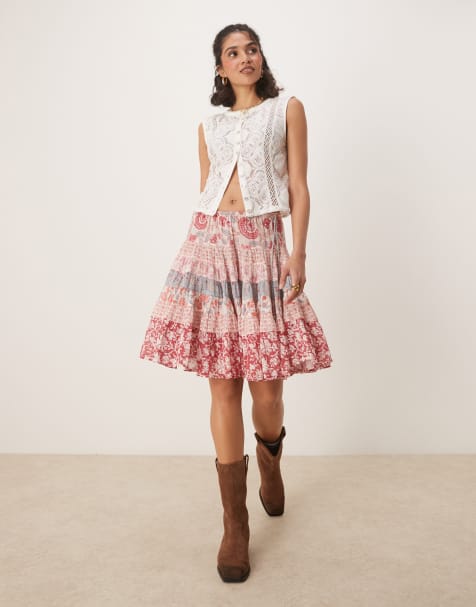 Free People floral print tiered knee length boho skirt in pink