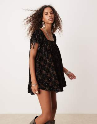 Free People floral print velvet puff sleeve tunic mini dress in