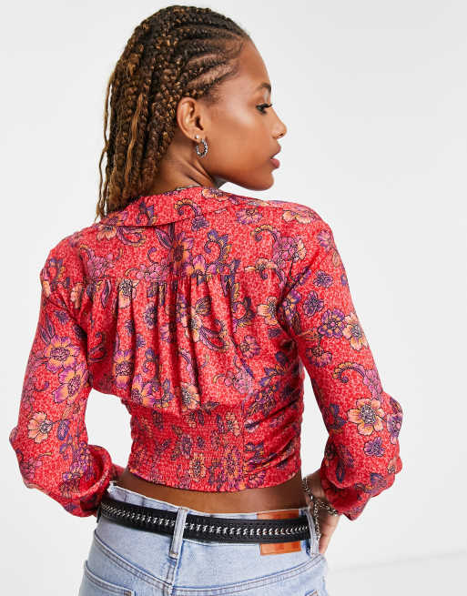 Free People floral printed blouse with ruched front in pink combo