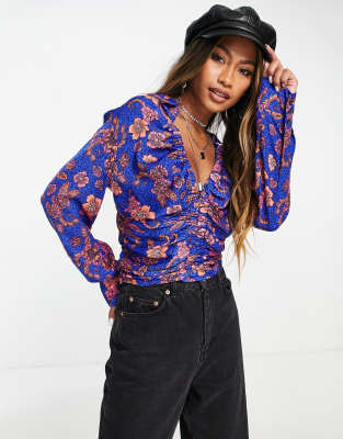 Free People floral printed blouse with ruched front in purple combo