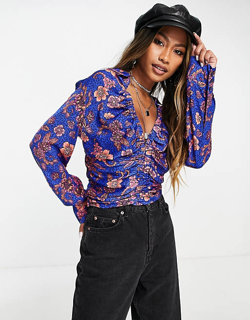 Free People floral printed blouse with ruched front in purple combo