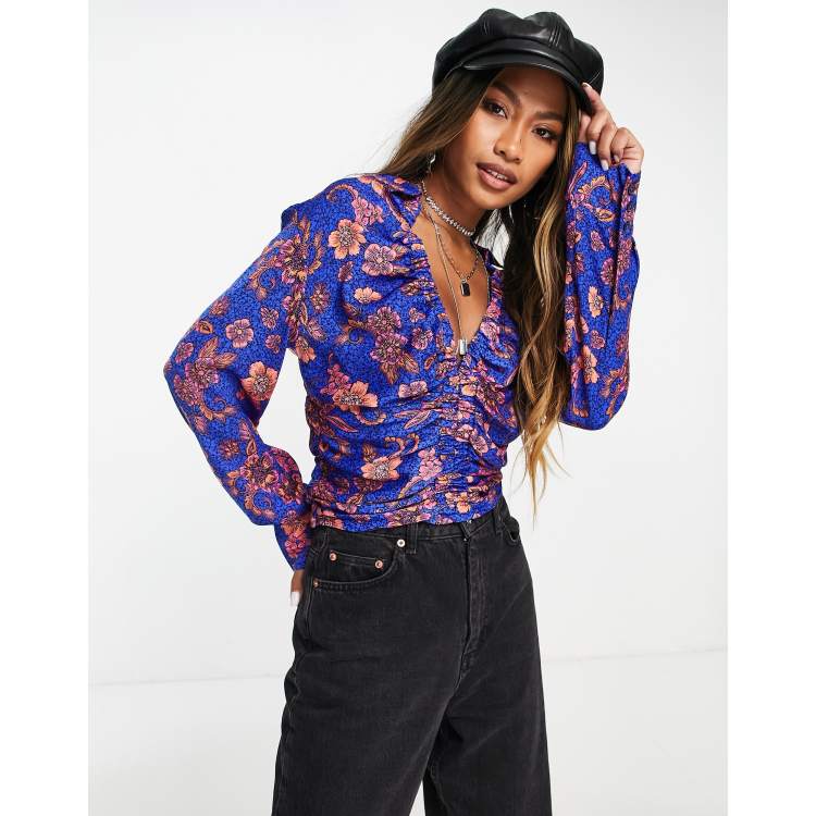 Free People floral printed blouse with ruched front in purple combo