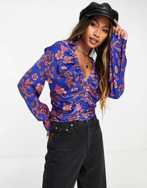 Free People Run Free Floral Print Long Sleeve Blouse Size Small