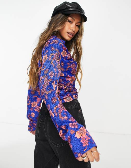 Free People floral printed blouse with ruched front in purple combo