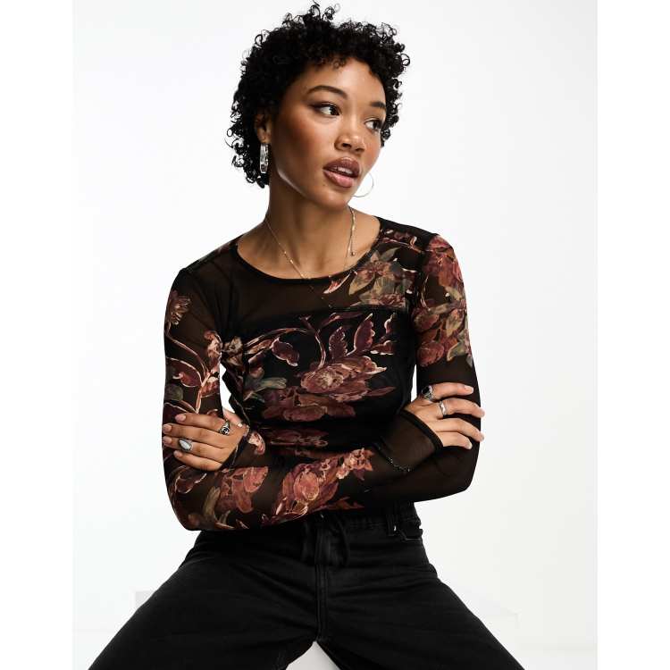Free People floral printed mesh long sleeve top in black | ASOS