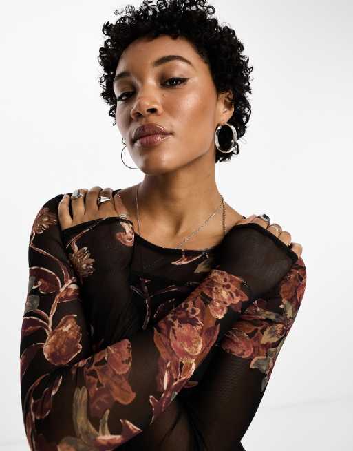 Free People floral printed mesh long sleeve top in black, 3 of 4