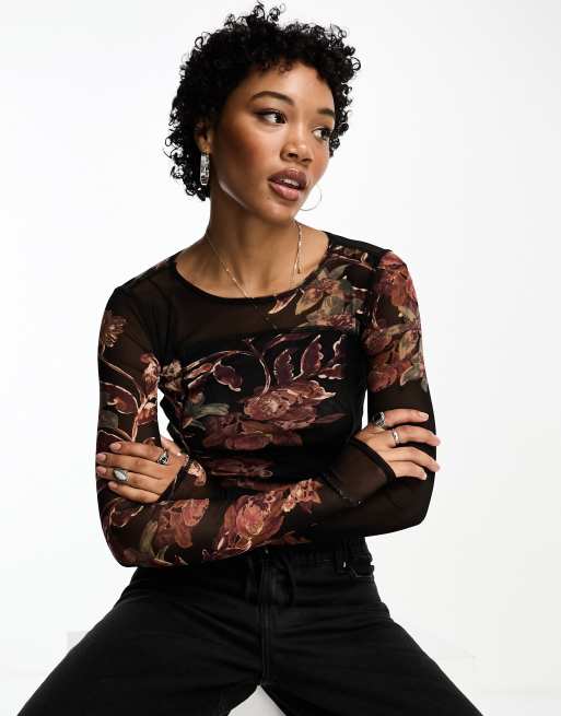 Free People floral printed mesh long sleeve top in black