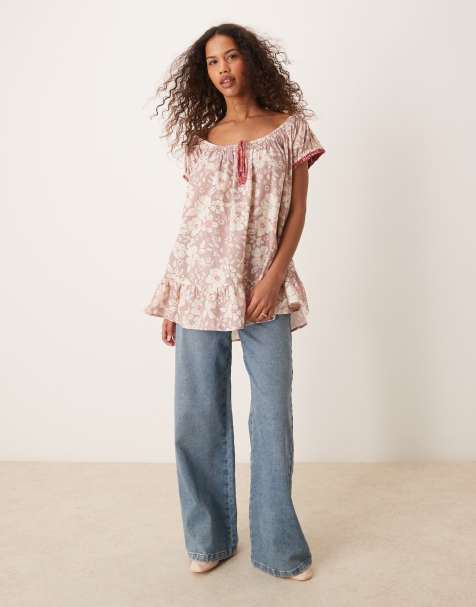 Free People floral printed puff sleeve tunic in lilac grey - view 1