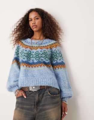 Free People fluffy fair isle oversized jumper in blue