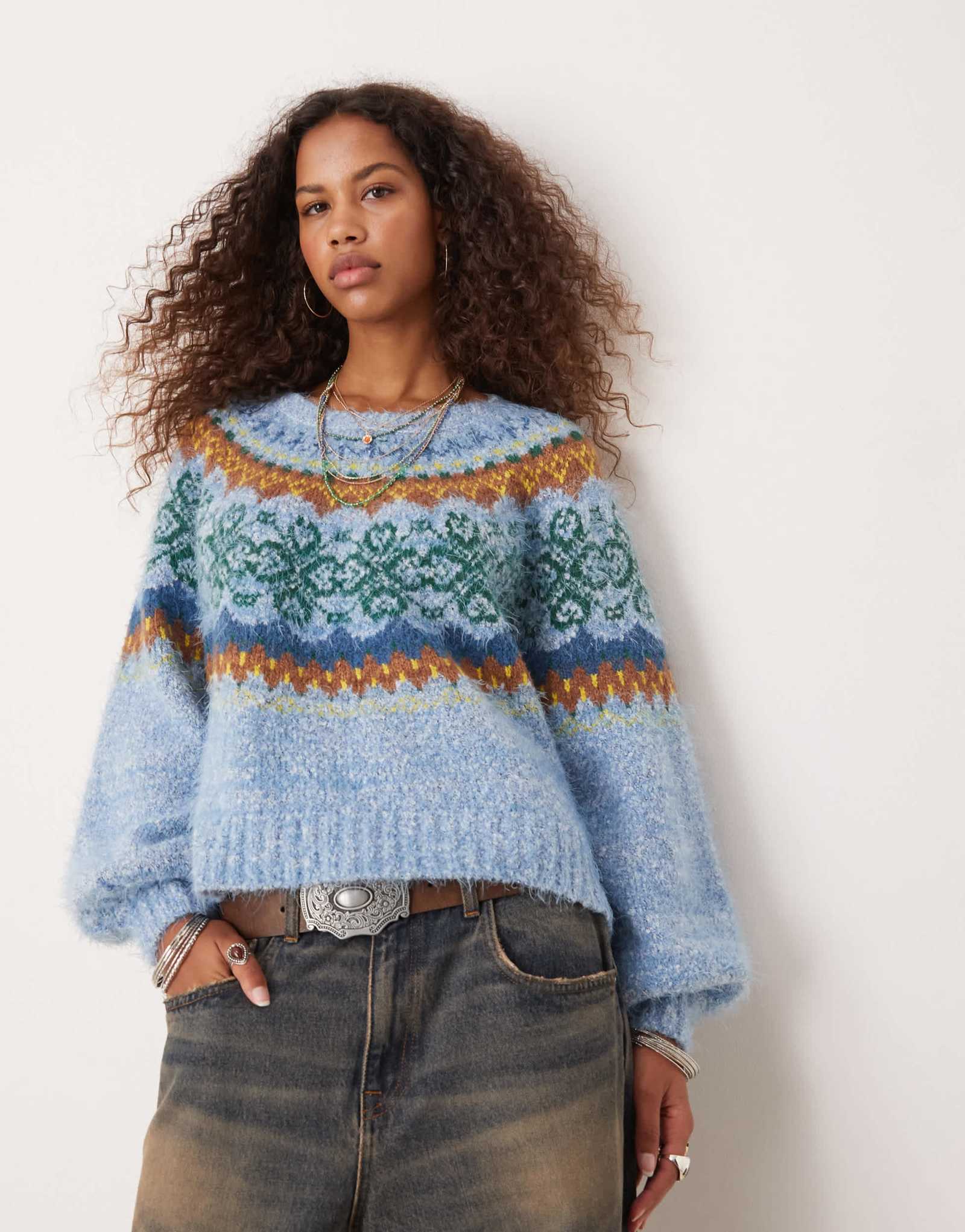 Свободный пушистый свитер оверсайз от Free People fair isle синего цвета