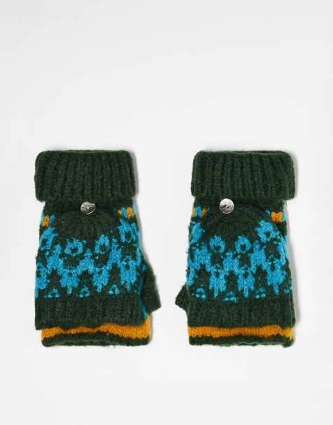 Free People fluffy fair isle pop-top mittens in green - view 1