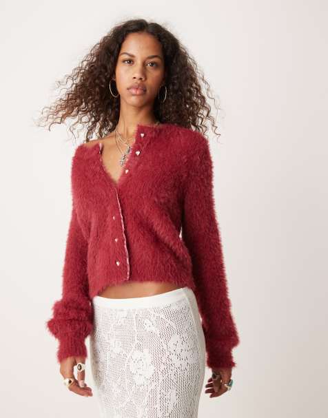 Free People fluffy jewelled button cardigan in deep red - view 1