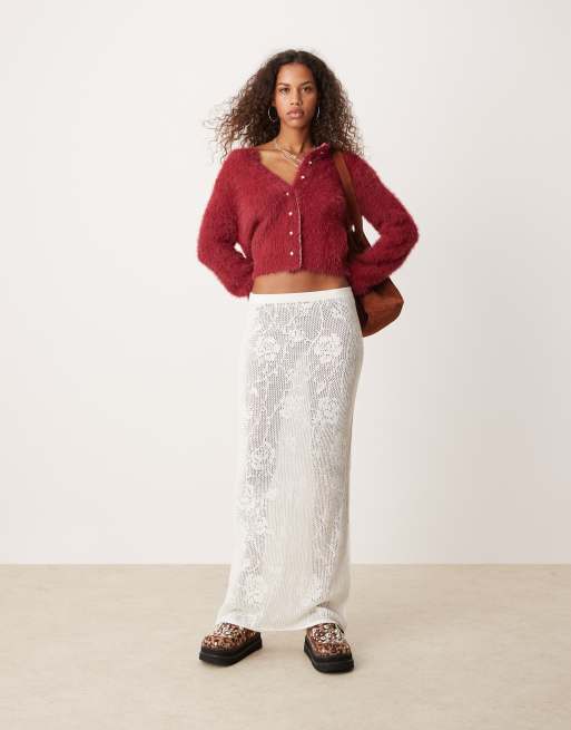 Free People fluffy jewelled button cardigan in deep red, 2 of 4