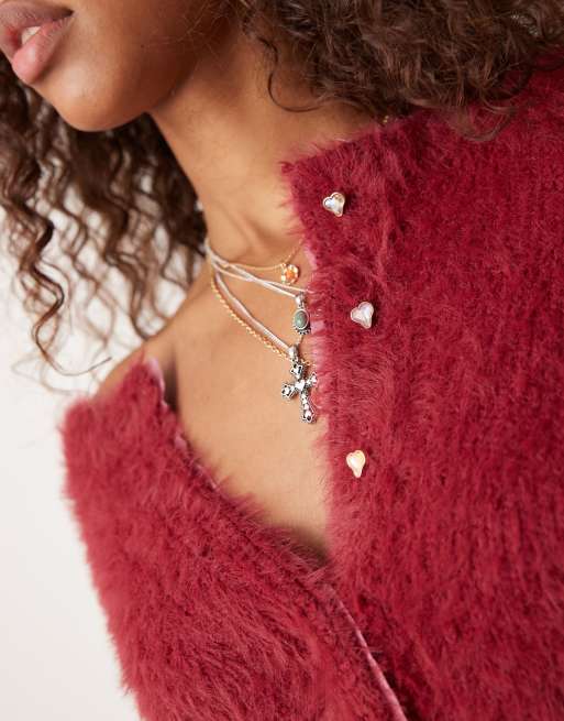 Free People fluffy jewelled button cardigan in deep red, 3 of 4