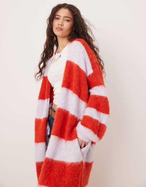 Free People fluffy longline oversized cardigan in red and lilac, 2 of 4
