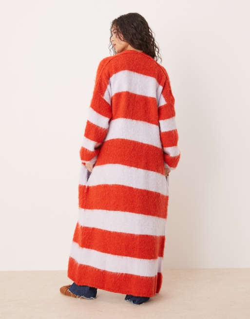 Free People fluffy longline oversized cardigan in red and lilac, 3 of 4