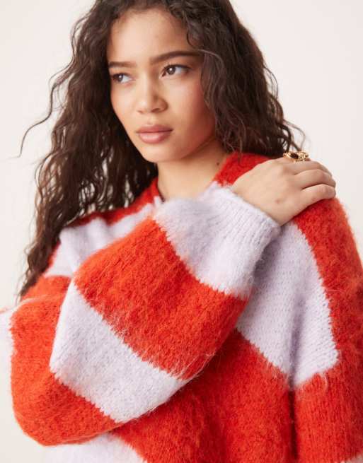 Free People fluffy longline oversized cardigan in red and lilac, 4 of 4
