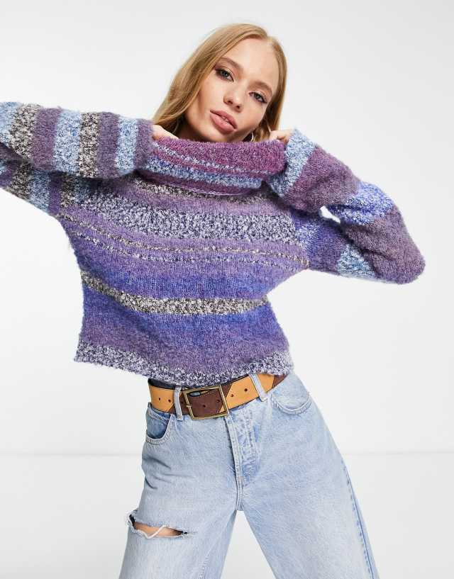 Free People fluffy striped turtle neck sweater in purple