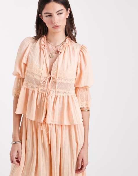 Free People forever young bed shirt in peach co-ord