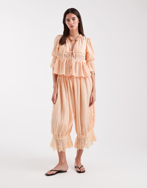 Free People forever young bed shirt in peach co-ord, 3 of 4